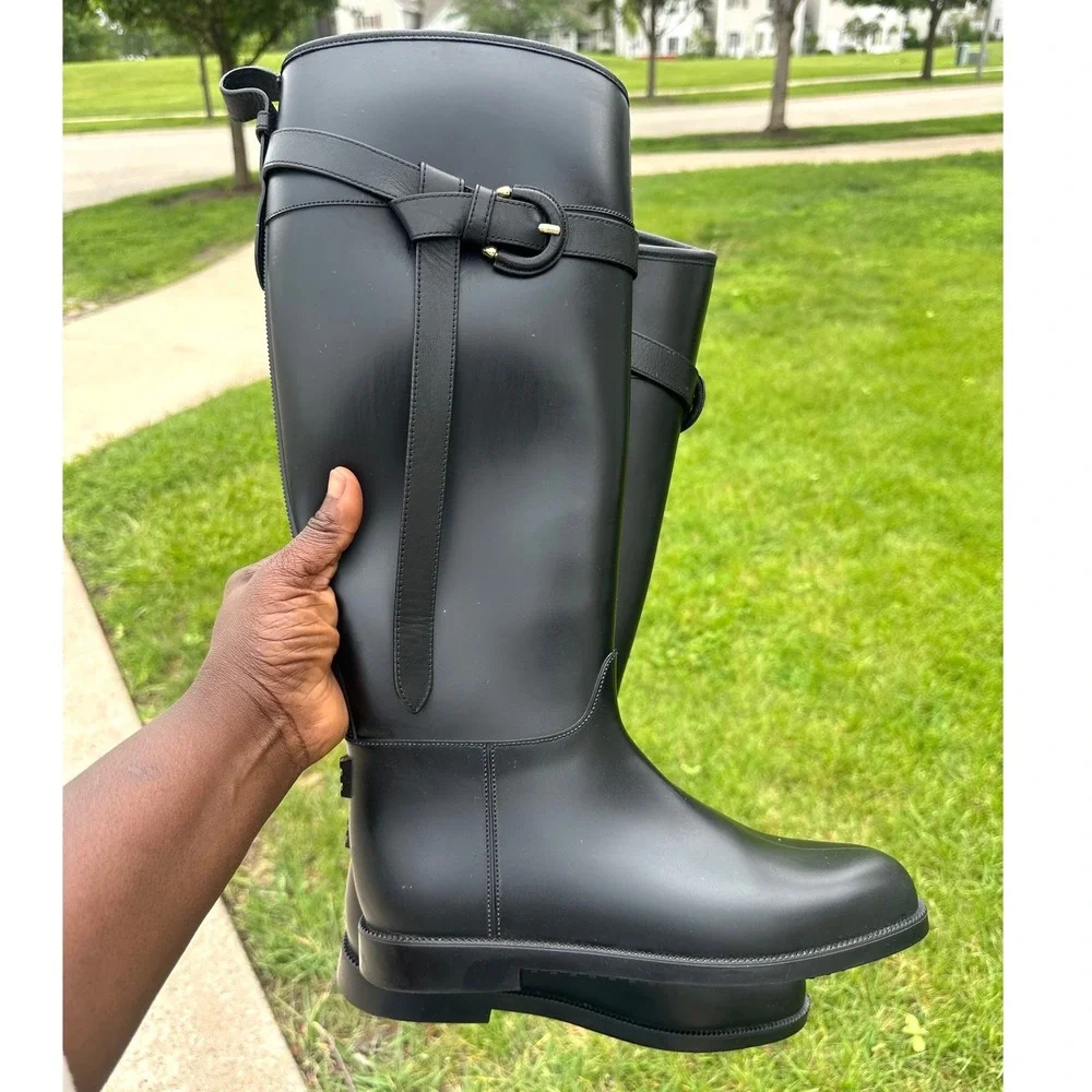 Burberry Black Rubber Rain‎ Boots Check Lined Buckle Strap Riding Boots Size 40